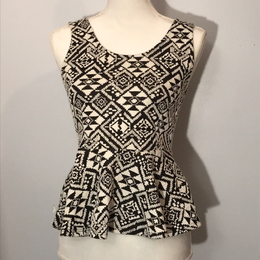 Black and White Aztec Print Peplum Top
